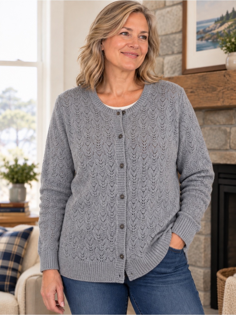 LL Bean Women’s Gray Pointelle Knit Cardigan Sweater XL